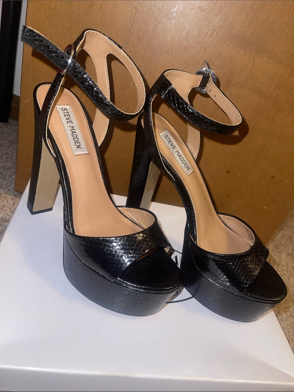 Steve Madden Black Patent Platform Ankle-Strap Heels